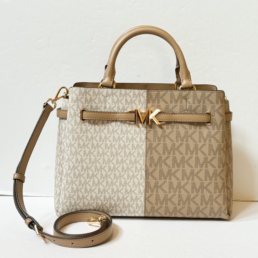 Michael Kors Reed Large Satchel Shoulder Bag MK Camel Multi